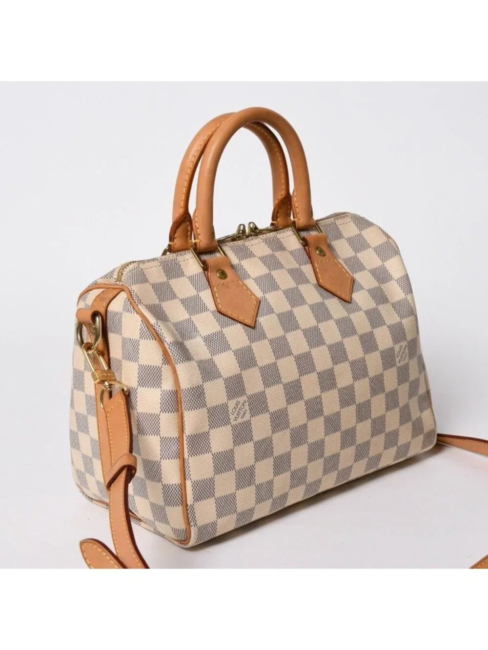 Louis Vuitton Damier Azur Speedy Bandouliere 25 Vachetta Leather White Gold